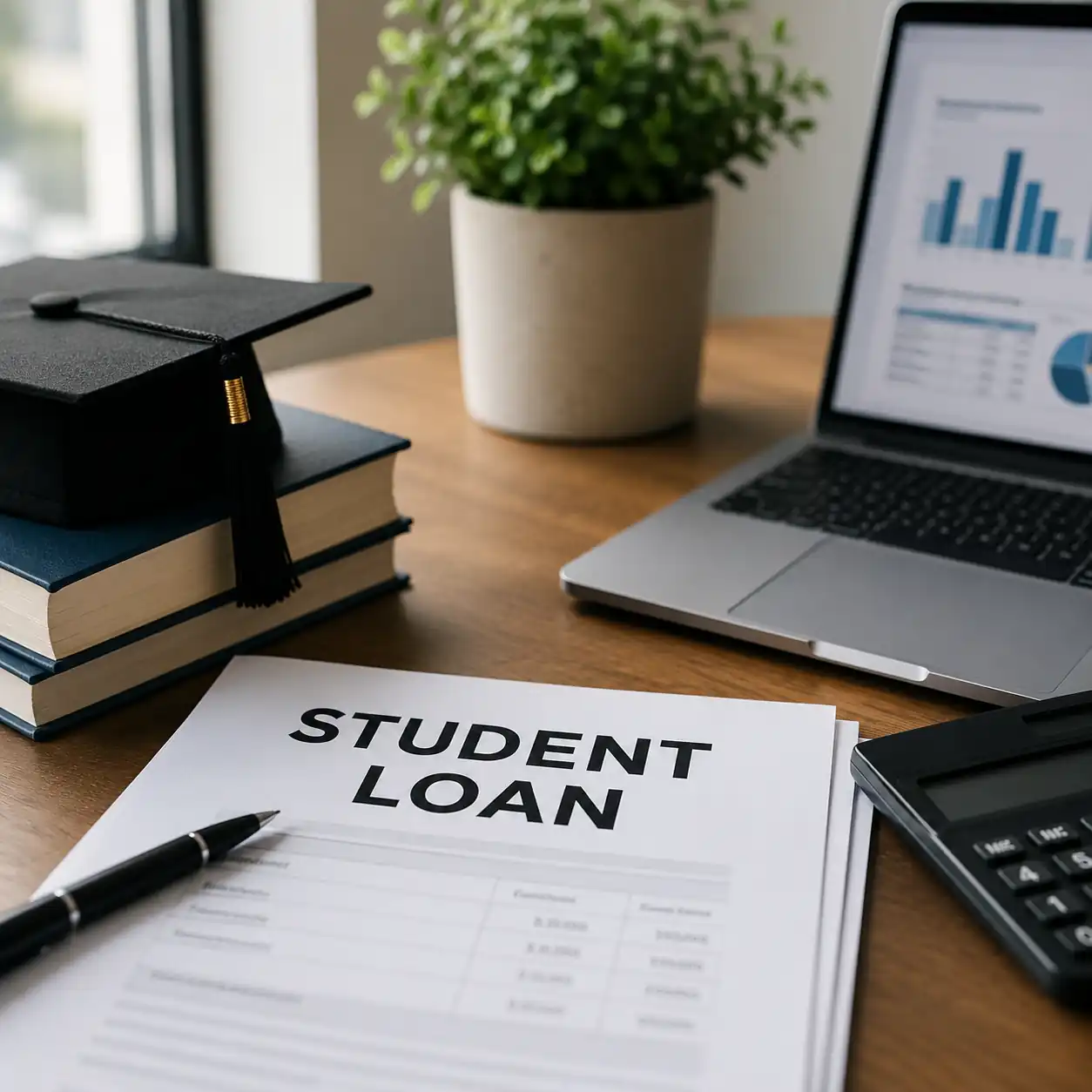 Student loan paperwork with graduation cap, laptop, calculator and financial documents representing the federal student loan changes taking effect on July 1, 2026