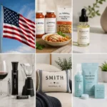 Collage featuring GMA Deals & Steals Made in America products, including an American flag, Yo Mama's Foods pasta sauces, Radiant Cosmetics nail growth oil, Cork Pops wine accessories, personalized Little Birdie pillows, and Wabi Whiffs odor elimination products