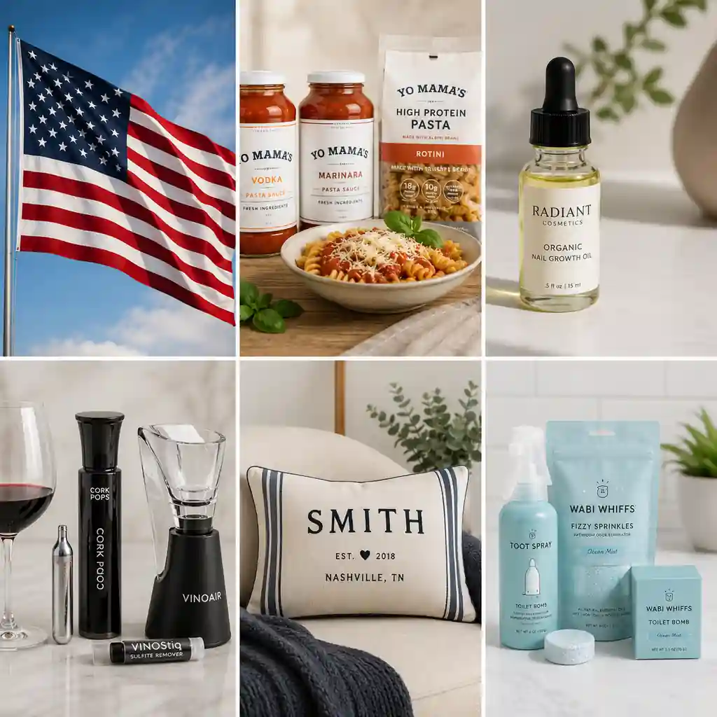 Collage featuring GMA Deals & Steals Made in America products, including an American flag, Yo Mama's Foods pasta sauces, Radiant Cosmetics nail growth oil, Cork Pops wine accessories, personalized Little Birdie pillows, and Wabi Whiffs odor elimination products