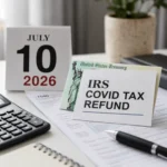 IRS COVID tax refund deadline July 10, 2026 with tax forms, calculator, pen and calendar highlighting the filing deadline for potential COVID-related refund claims