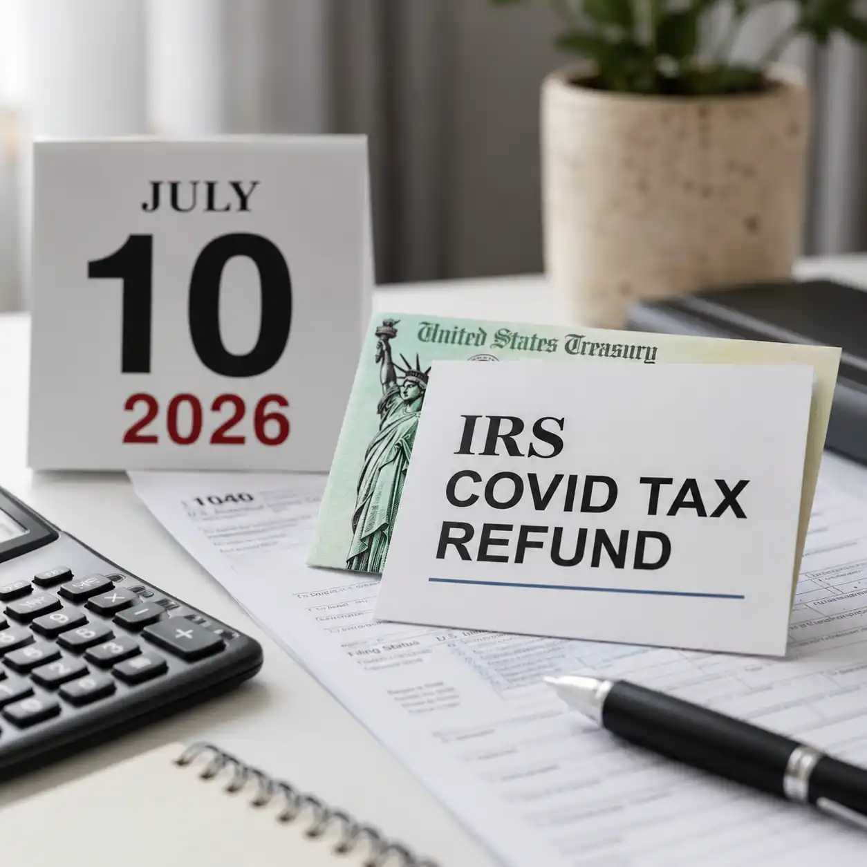 IRS COVID tax refund deadline July 10, 2026 with tax forms, calculator, pen and calendar highlighting the filing deadline for potential COVID-related refund claims