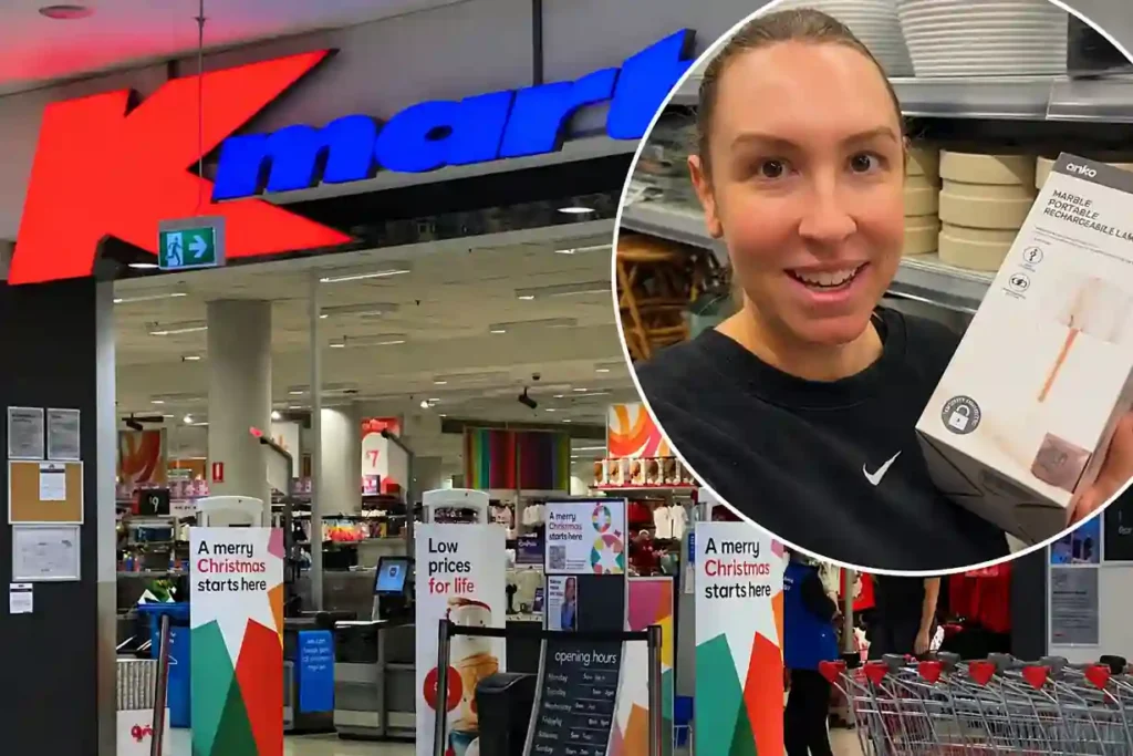 Kmart storefront with a shopper holding the $19 Marble Portable Rechargeable Lamp after the viral homeware item sold out within hours of its Australian launch.
