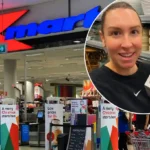 Kmart storefront with a shopper holding the $19 Marble Portable Rechargeable Lamp after the viral homeware item sold out within hours of its Australian launch.