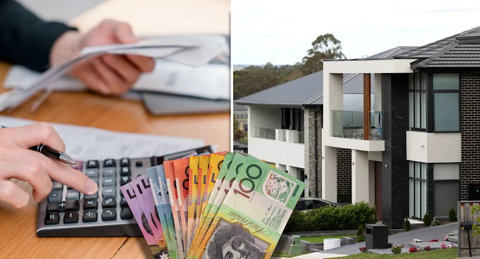 Australian landlord reviewing tax documents and calculating EOFY expenses beside a modern investment property and Australian dollar banknotes before the June 30 tax deadline.