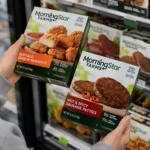 Morningstar Farms Buffalo Chik'n Nuggets and Hot & Spicy Sausage Patties displayed in a freezer following a product recall over potential plastic contamination.
