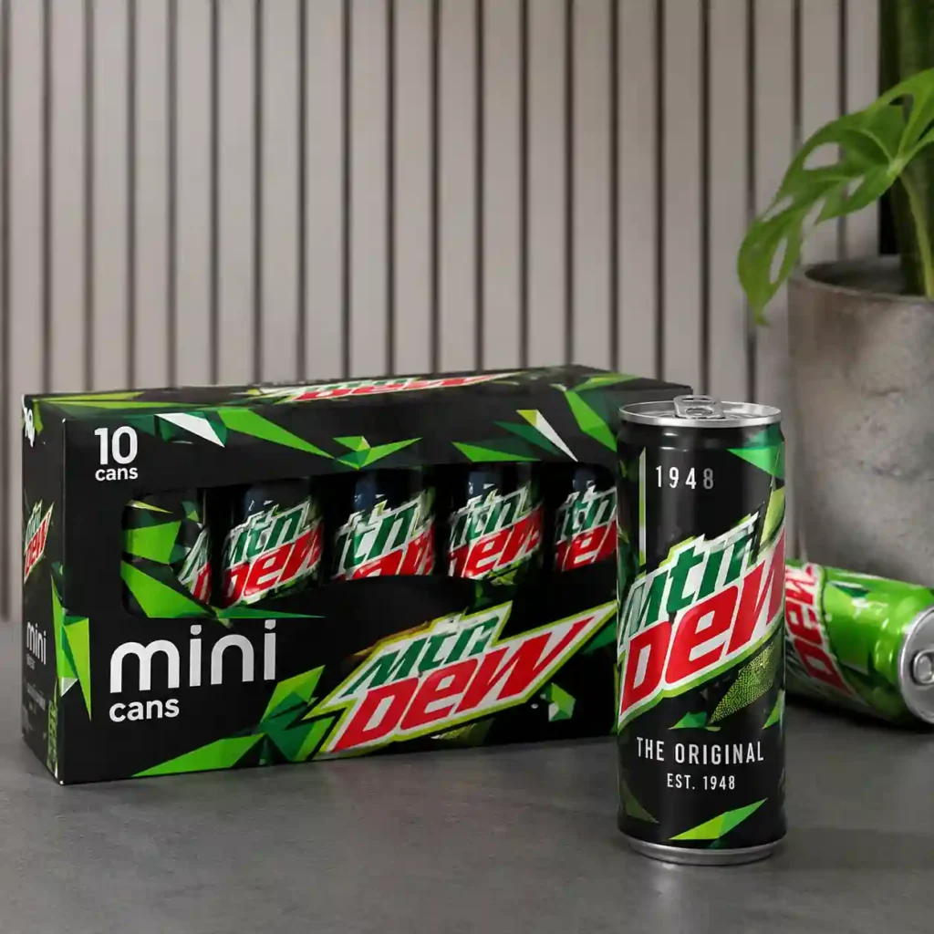 Limited-edition Mountain Dew commemorative can displayed beside a 10-pack of Mountain Dew Mini cans, highlighting the brand's 1948 anniversary collectible bundle in a clean editorial product shot.