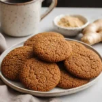 Freshly baked gingersnap cookies stacked on a ceramic plate with ginger root, ground spices and a cup of coffee, celebrating National Gingersnap Day 2026.