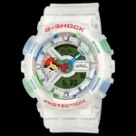 Casio Pokémon G-Shock GA-110PKM-7AJR limited-edition watch featuring Pikachu-inspired dial, white resin case, and 30th anniversary Pokémon design.