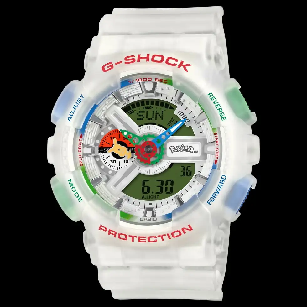 Casio Pokémon G-Shock GA-110PKM-7AJR limited-edition watch featuring Pikachu-inspired dial, white resin case, and 30th anniversary Pokémon design.
