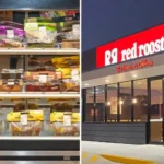 Red Rooster restaurant and supermarket roast chickens highlighting the new $10 whole roast chicken deal competing with Coles and Woolworths in Australia.