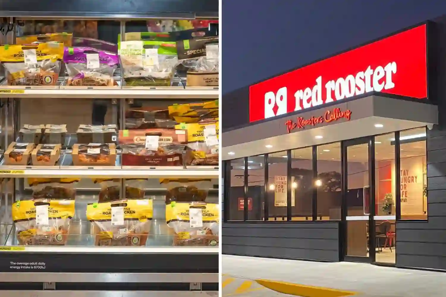 Red Rooster restaurant and supermarket roast chickens highlighting the new $10 whole roast chicken deal competing with Coles and Woolworths in Australia.