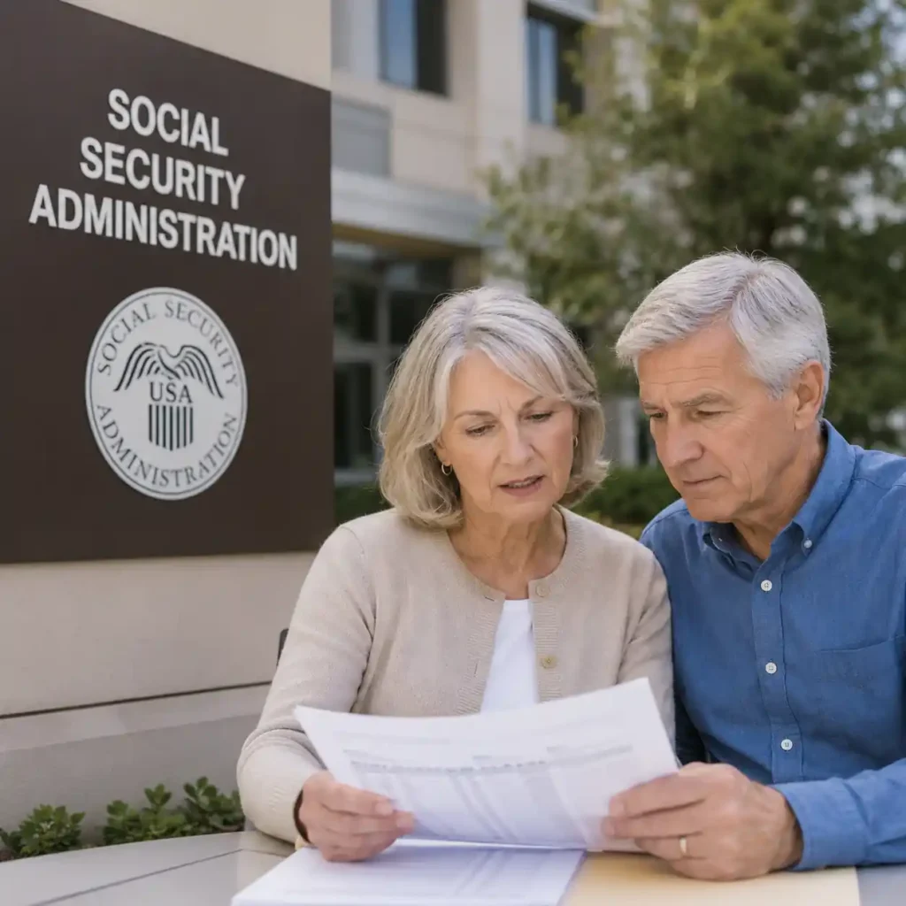 Senior couple reviewing Social Security retirement benefit documents outside a Social Security Administration office, illustrating Full Retirement Age planning and retirement benefits in 2026.