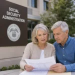 Senior couple reviewing Social Security retirement benefit documents outside a Social Security Administration office, illustrating Full Retirement Age planning and retirement benefits in 2026.