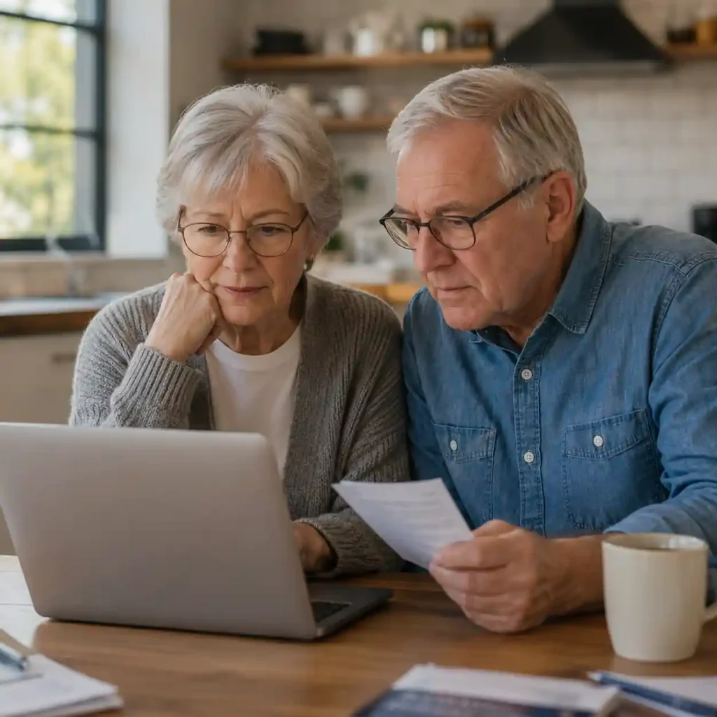 Senior couple reviewing the Social Security July 2026 payment schedule on a laptop while checking benefit documents at home.