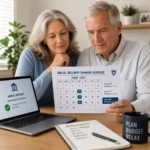 Older couple reviewing Social Security payment schedule and direct deposit details at home