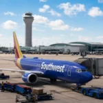 Southwest Airlines aircraft parked at St. Louis Lambert International Airport as the airline announces seven route cuts for its Summer 2026 schedule.