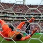 Spain's goalkeeper dives as the ball heads into the net during the FIFA World Cup 2026 group-stage match against Uruguay, the decisive goal that TVNZ viewers missed due to a broadcast interruption on TVNZ+