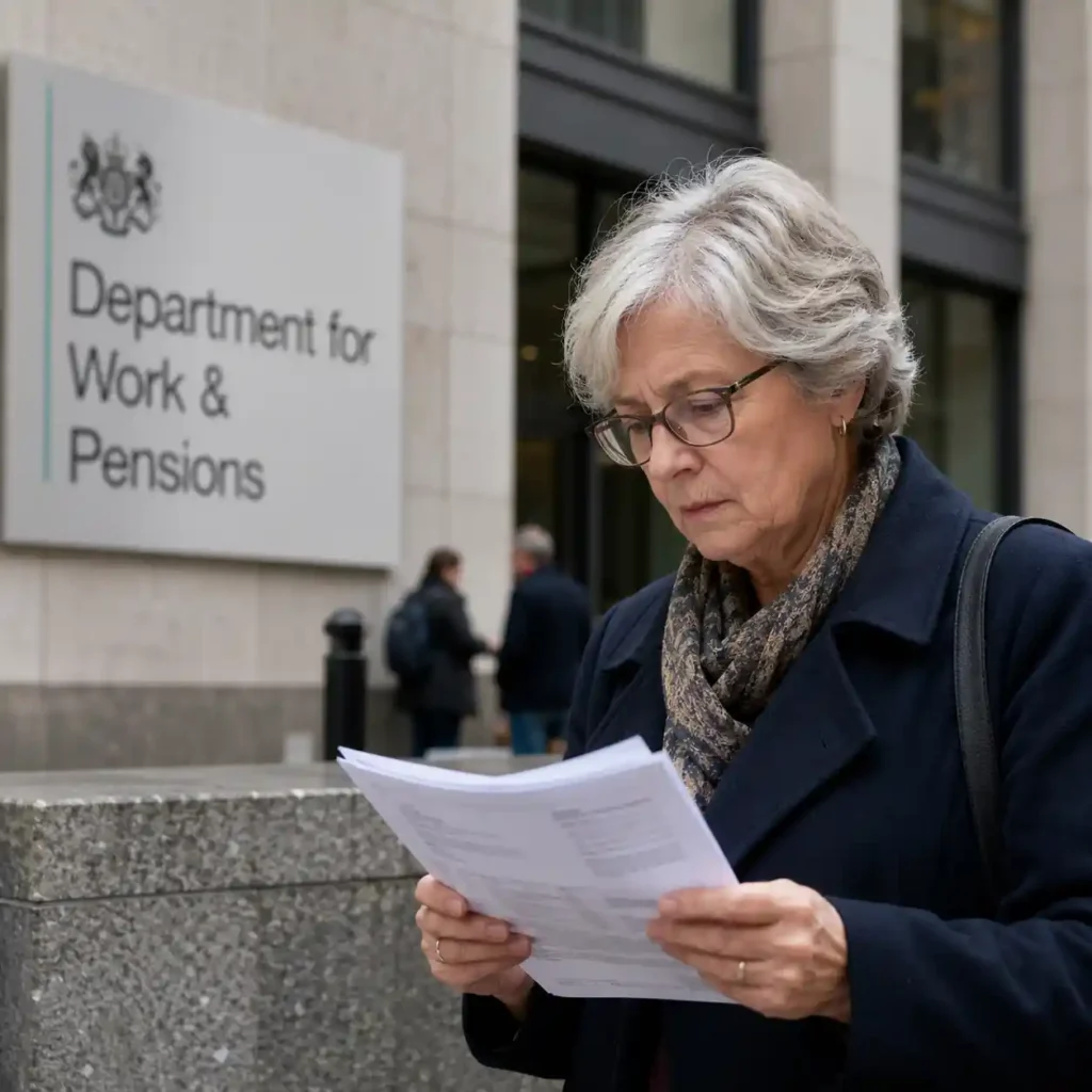 Elderly UK pensioner reviewing pension documents outside a government office as proposed State Pension tax changes are discussed.