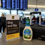 UPS Ship and Dip promotion sign displayed beside a bottle of ranch dressing and suitcase at an airport terminal during the 2026 FIFA World Cup travel season, highlighting the 20% international shipping discount for tourists.