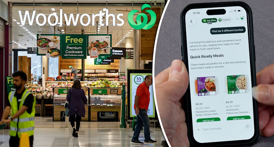 Woolworths Olive AI Shopping Assistant displayed in the Woolworths app with Smart Swaps and meal planning features.