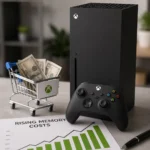 Microsoft Xbox Series X console and controller beside a shopping cart and rising memory cost chart, illustrating Microsoft's Xbox console price increase driven by soaring storage and AI-related memory costs.