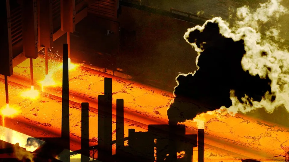 Molten steel production with smoke rising from an industrial steel mill furnace.