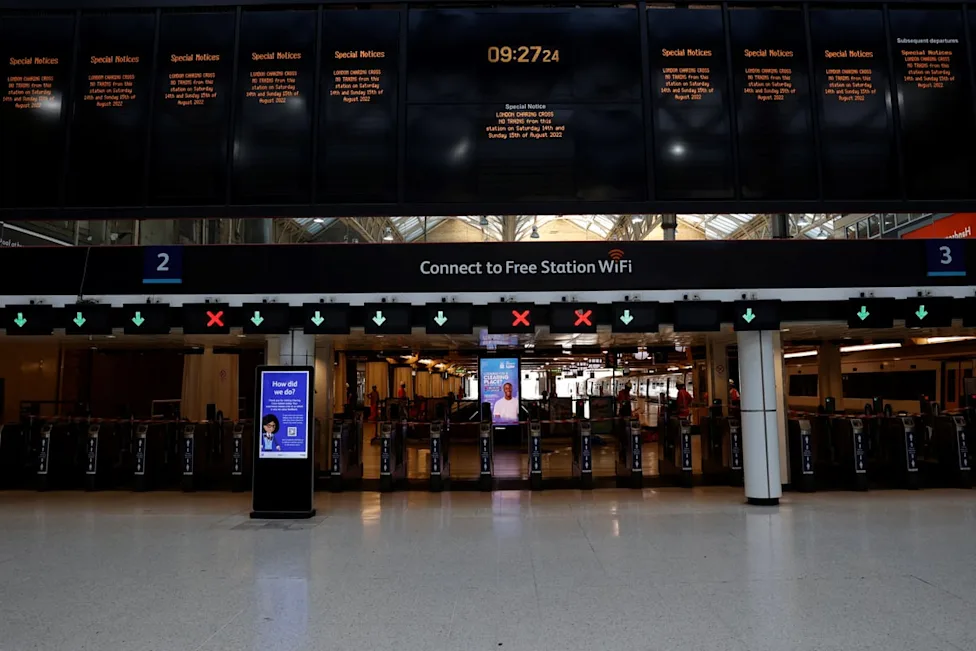 Electronic departure boards at London Charing Cross station display notices about the 22-day closure while the station entrance and ticket barriers remain largely empty ahead of the £20 million railway upgrade.