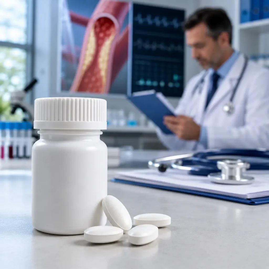 Lipfendra prescription pill bottle with tablets representing the FDA-approved first oral PCSK9 inhibitor for lowering LDL cholesterol.
