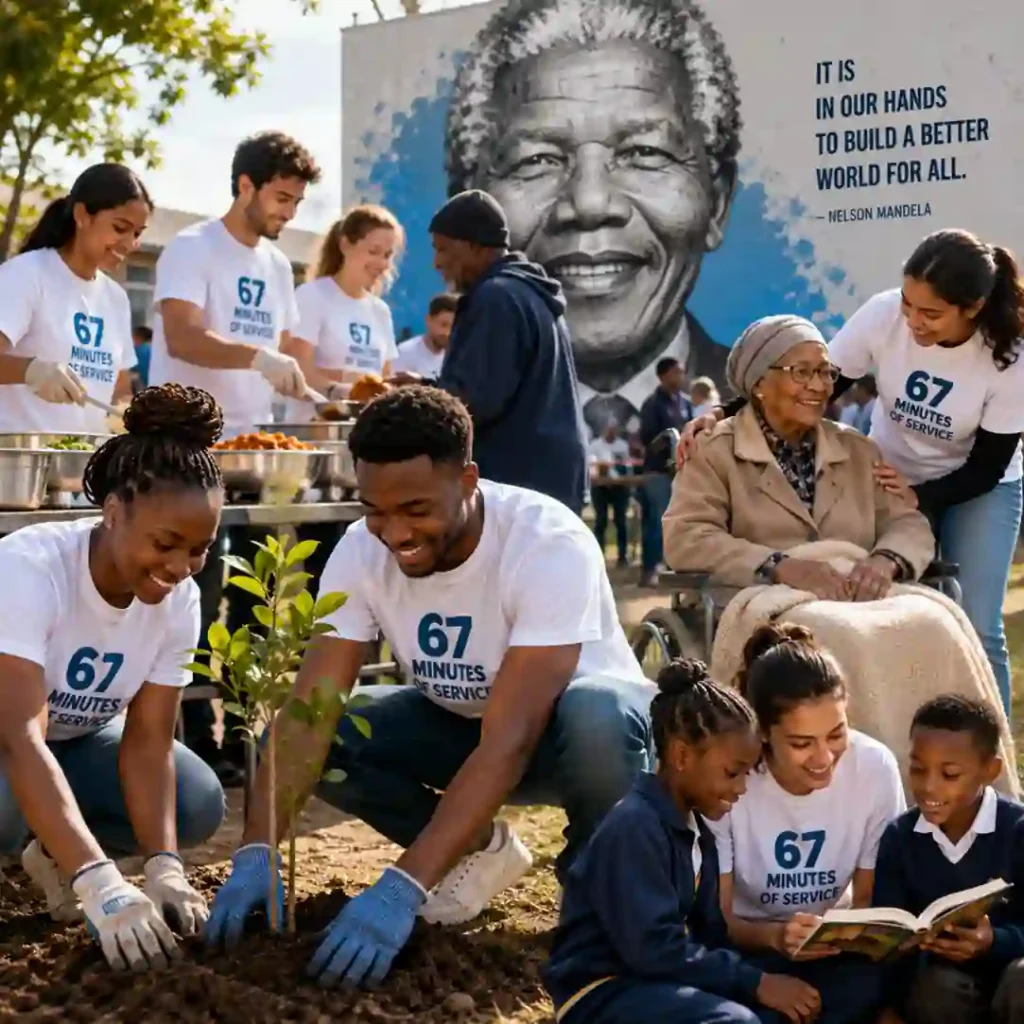 Volunteers participate in community service during Nelson Mandela International Day 2026, honoring Nelson Mandela's legacy through the 67 Minutes of Service initiative.