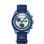 Blue Omega x Swatch MoonSwatch chronograph with matching blue strap and moonphase dial.