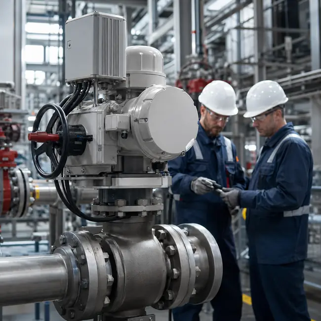 ABB Rotork takeover illustrated by engineers inspecting industrial flow-control equipment.