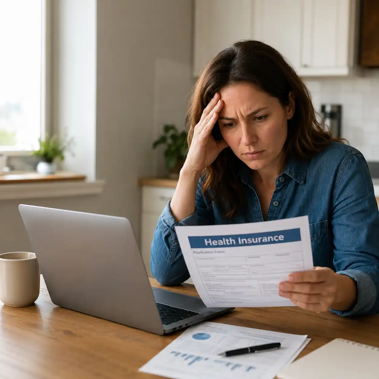 A woman reviews Affordable Care Act (ACA) health insurance paperwork at home after premium increases in 2026, highlighting rising healthcare costs and coverage affordability concerns