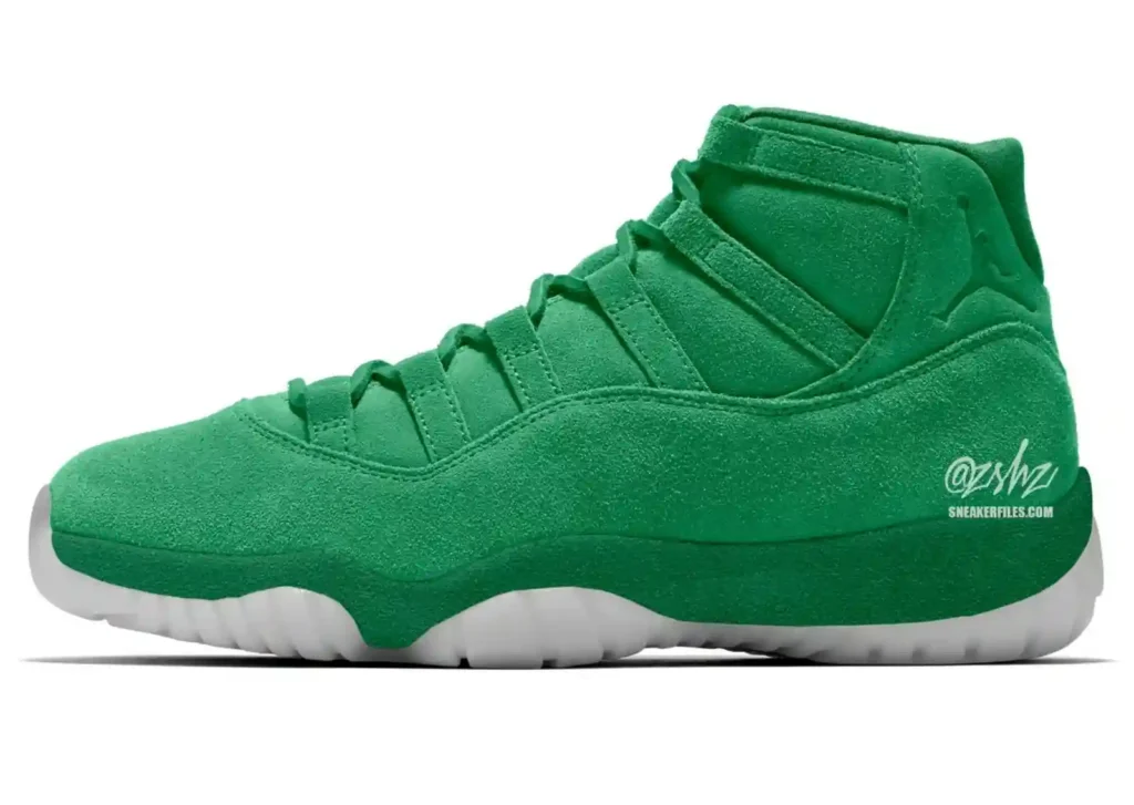 Air Jordan 11 "Green Screen" mock-up featuring a monochrome green suede upper and translucent glow-in-the-dark outsole inspired by the behind-the-scenes filming of Space Jam.