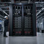 Engineer inspecting an AMD Helios-style AI rack system inside a data centre.