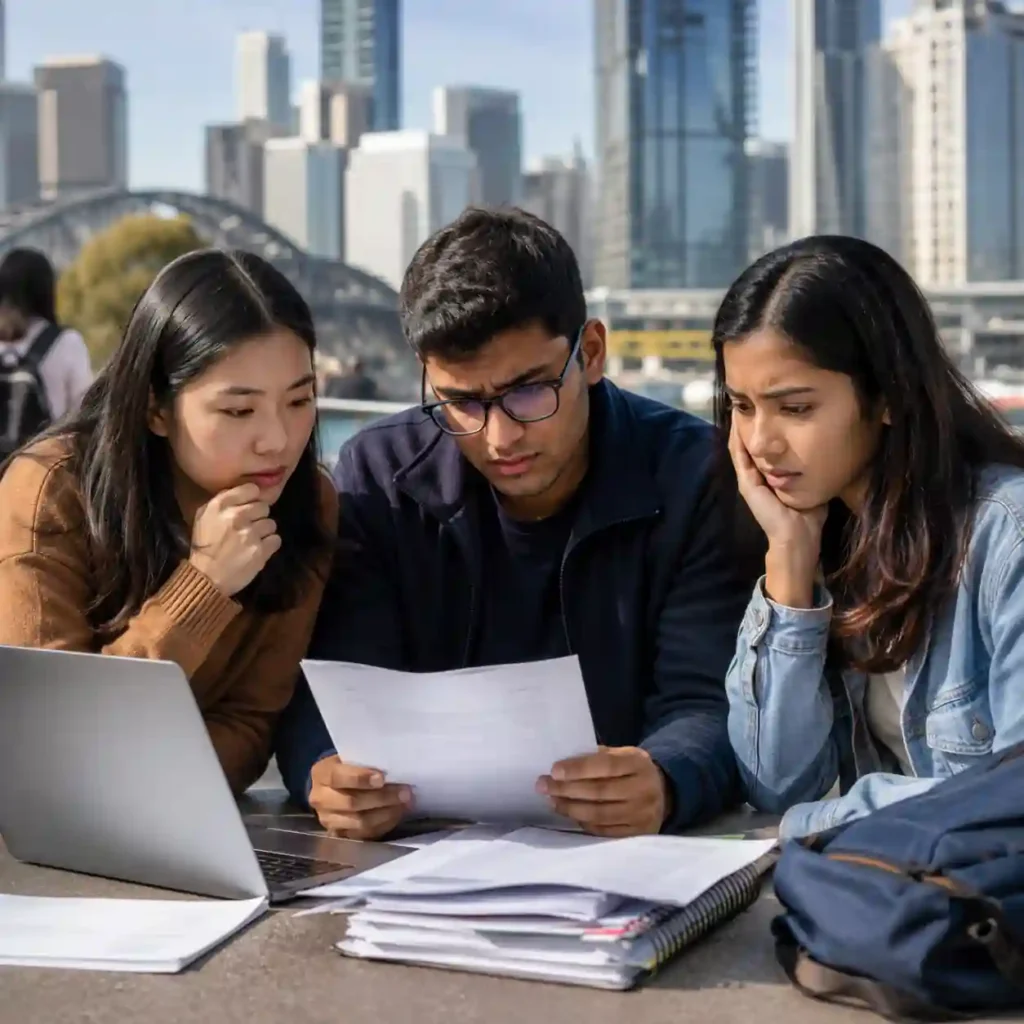 International students reviewing visa documents after Australia's 2026 visa fee hikes outside a university campus