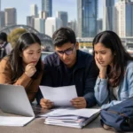 International students reviewing visa documents after Australia's 2026 visa fee hikes outside a university campus