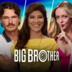Big Brother Season 28 promotional artwork featuring host Julie Chen Moonves with reality stars Angela Murray, Rick Devens, and other contestants in front of the Big Brother logo.