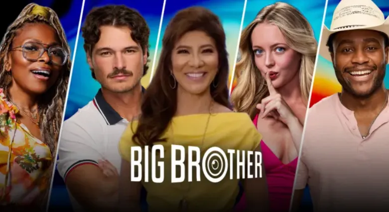 Big Brother Season 28 promotional artwork featuring host Julie Chen Moonves with reality stars Angela Murray, Rick Devens, and other contestants in front of the Big Brother logo.