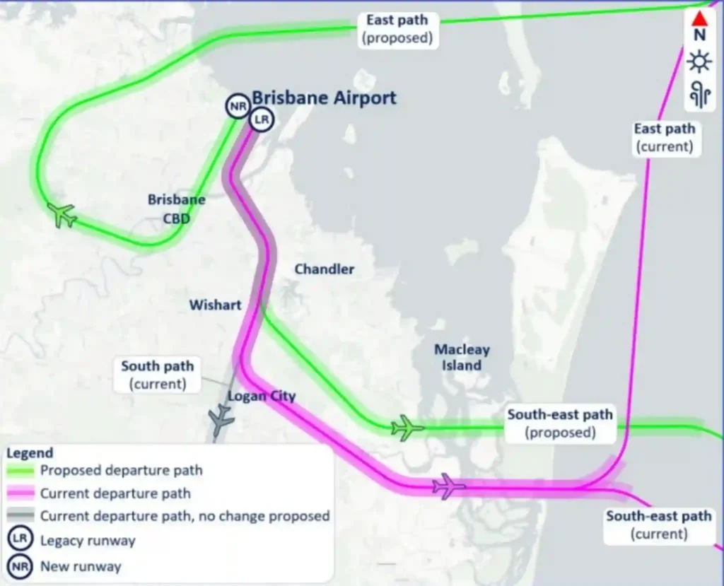 Map showing current and proposed Brisbane Airport flight paths, highlighting new departure routes designed to reduce aircraft noise for nearly 140,000 residents across Brisbane and Moreton Bay.