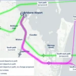 Map showing current and proposed Brisbane Airport flight paths, highlighting new departure routes designed to reduce aircraft noise for nearly 140,000 residents across Brisbane and Moreton Bay.