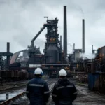 British Steel workers overlooking the Scunthorpe steelworks following UK government nationalisatio