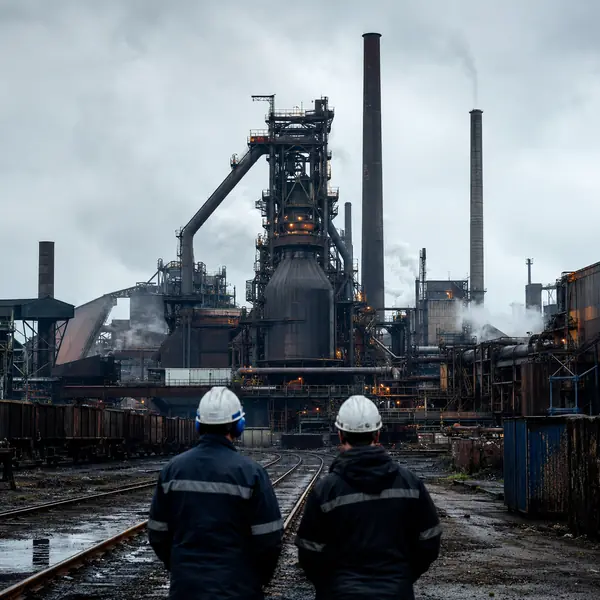 British Steel workers overlooking the Scunthorpe steelworks following UK government nationalisatio