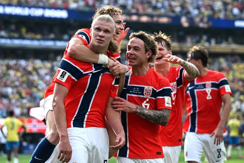 Erling Haaland celebrates with Norway teammates after scoring during Norway's FIFA World Cup 2026 victory over Brazil before the England quarterfinal.