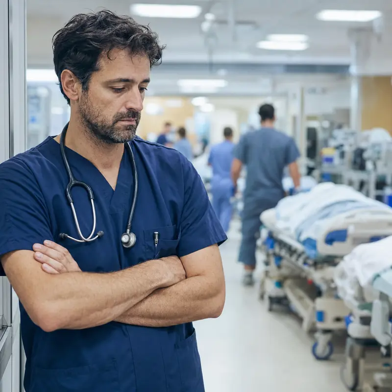 Exhausted emergency physician standing in a crowded Canadian hospital corridor