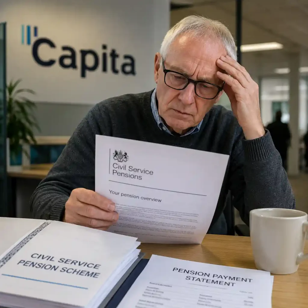 Concerned civil servant reviewing pension documents after Capita missed the UK government deadline for Civil Service pension payments.