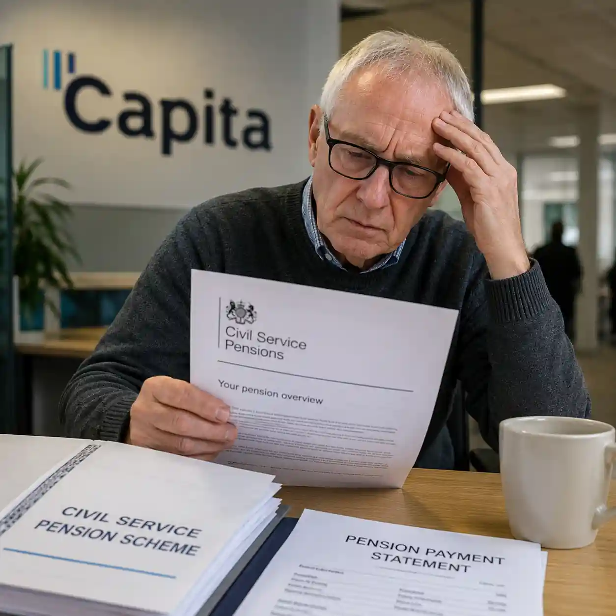Concerned civil servant reviewing pension documents after Capita missed the UK government deadline for Civil Service pension payments.