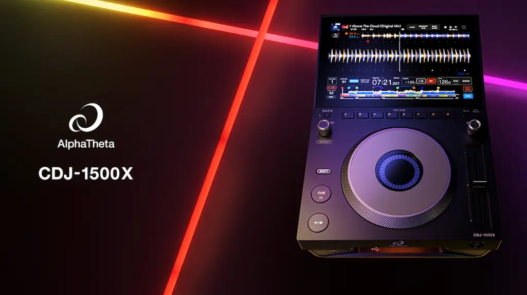 AlphaTheta CDJ-1500X compact DJ media player featuring a 10.1-inch touchscreen, illuminated jog wheel, and professional performance controls against a colorful studio lighting background.