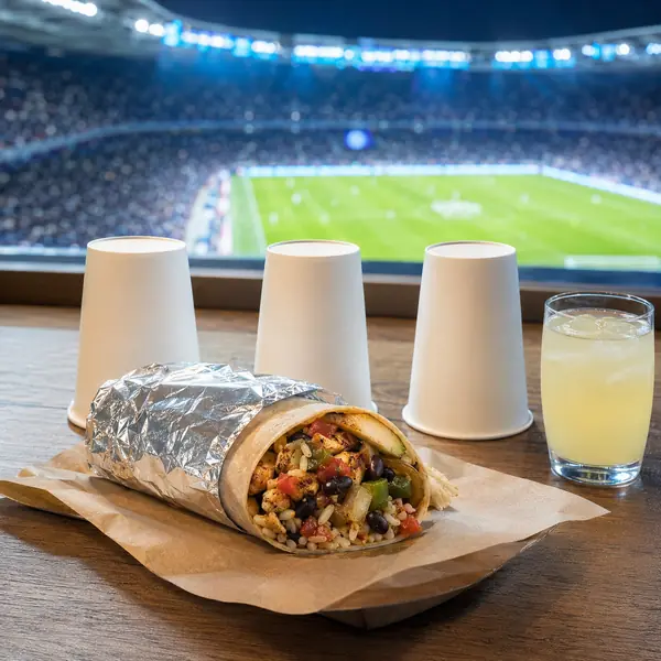 Burrito and three water cups overlooking a soccer stadium during Chipotle’s 2026 World Cup final giveaway.
