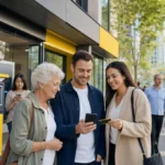 Commonwealth Bank customers reviewing a fee-free bank account outside a bank branch.