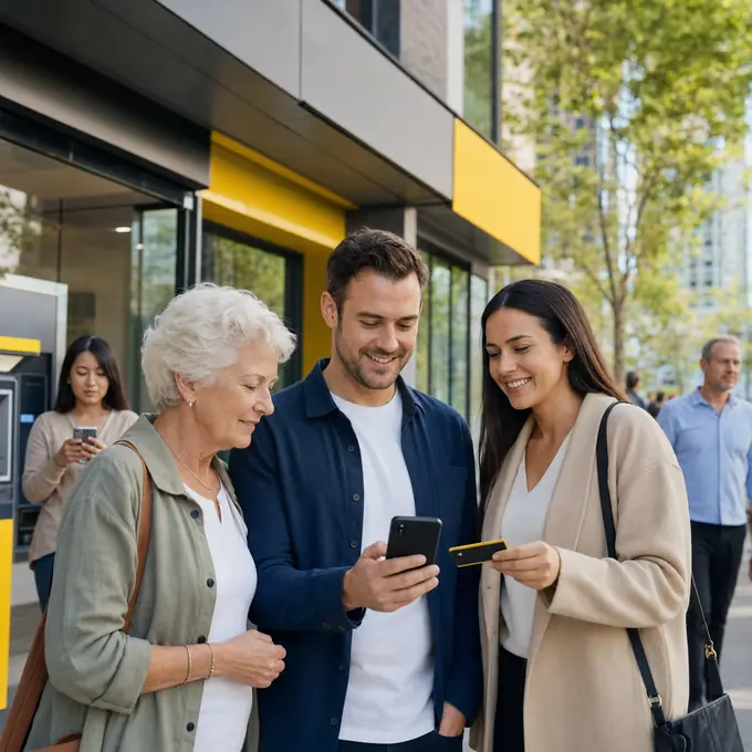 Commonwealth Bank customers reviewing a fee-free bank account outside a bank branch.